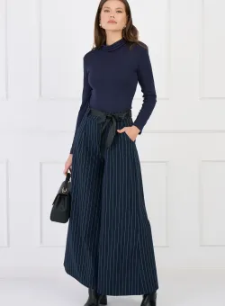 Pantaloni office din stofa bleumarin cu dungi si cordon in talie
