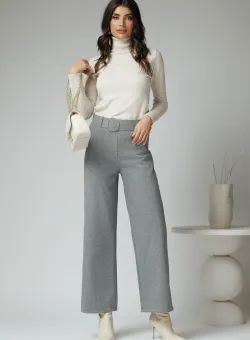 Pantaloni office din stofa gri cu croi lejer si curea in talie