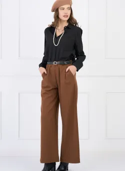 Pantaloni office din stofa maro cu elastic si curea in talie