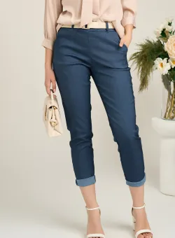 Pantaloni office din viscoza bleumarin cu buzunare si curea impletita
