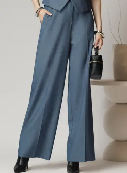 Pantaloni office lejeri din stofa albastri cu elastic si curea in talie