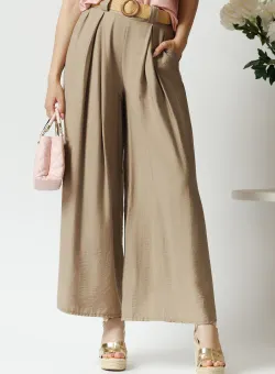 Pantaloni smart-casual din in bej cu pliuri si curea in talie