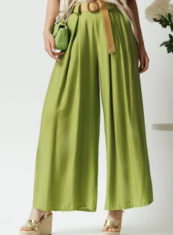 Pantaloni smart-casual din in verzi cu pliuri si curea in talie