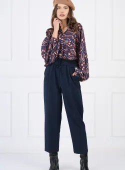 Pantaloni smart-casual din stofa bleumarin cu elastic dublu in talie