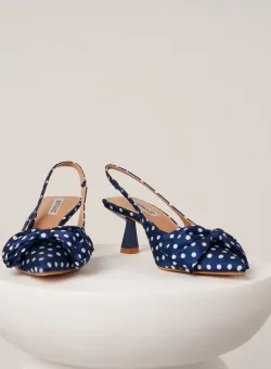 Pantofi eleganti din material satinat bleumarin cu buline si funda