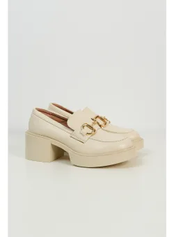 Pantofi Oxford bej cu toc gros si aplicatie metalica