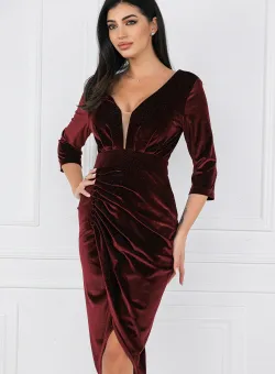 Rochie burgundy din catifea cu insertii din fir lurex