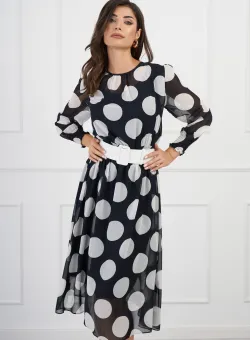 Rochie Daria neagra cu buline si curea in talie