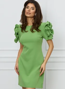 Rochie de ocazie verde fistic cu flori maxi pe maneci