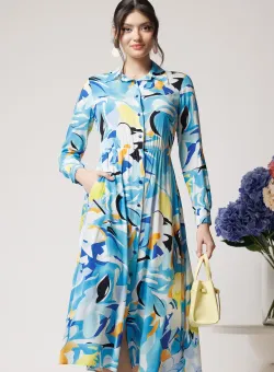 Rochie de zi din viscoza bleu cu imprimeu galben si nasturi