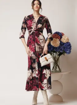 Rochie de zi din viscoza cu imprimeuri fucsia si bej