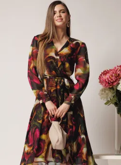 Rochie de zi din voal vaporos cu imprimeu fucsia