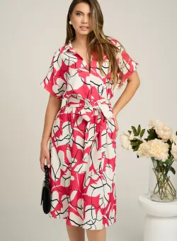 Rochie din viscoza alba cu imprimeuri fucsia si curea in talie