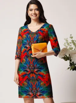 Rochie din viscoza albastra cu imprimeuri rosii