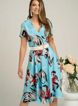 Rochie din viscoza bleu cu flori rosii si curea in talie