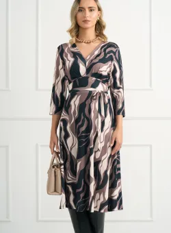 Rochie din viscoza neagra cu imprimeuri bej si cordon in talie