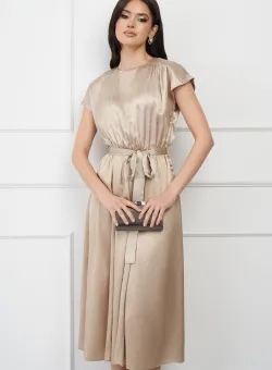 Rochie DY Fashion bej cu strasuri pe bust si curea in talie