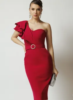Rochie DY Fashion de ocazie din stofa magenta cu un umar gol si catarama in talie