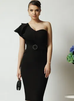 Rochie DY Fashion de ocazie din stofa neagra cu un umar gol si catarama in talie