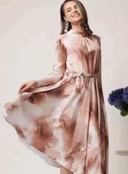 Rochie DY Fashion de zi din poplin bej cu imprimeuri maro si cordon