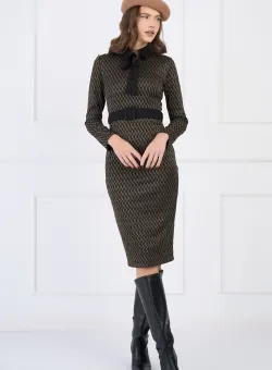 Rochie DY Fashion din jerse turcoaz cu imprimeu maro si curea in talie