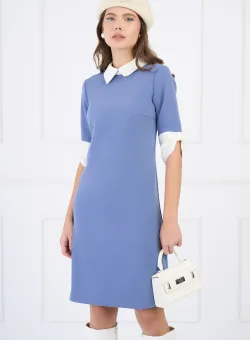 Rochie DY Fashion din stofa albastra cu guler si mansete tip fundite