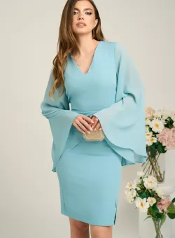 Rochie DY Fashion din stofa bleu cu maneci ample din voal