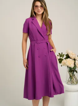 Rochie DY Fashion din stofa mov cu nasturi si curea in talie