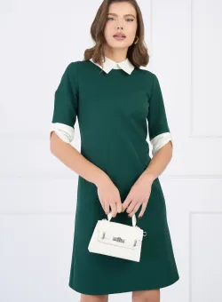 Rochie DY Fashion din stofa verde cu guler si mansete tip fundite