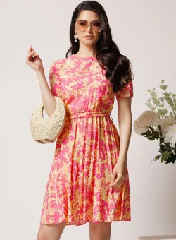 Rochie DY Fashion din viscoza roz cu imprimeu galben si cordon in talie