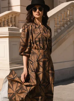 Rochie DY Fashion din voal galben mustar cu imprimeu kaki