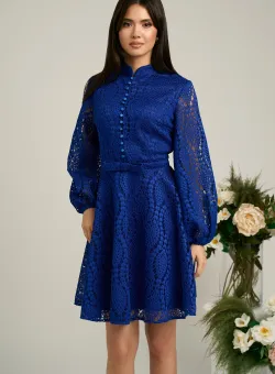 Rochie DY Fashion eleganta din dantela albastra cu nasturi la bust