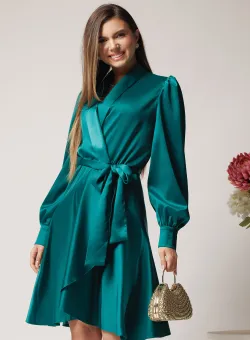 Rochie DY Fashion eleganta din satin verde cu croi petrecut si cordon in talie