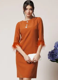 Rochie DY Fashion eleganta din stofa maro cu nasturi la bust si pene la maneci