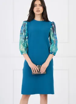 Rochie DY Fashion eleganta din stofa turcoaz cu maneci din voal cu print albastru