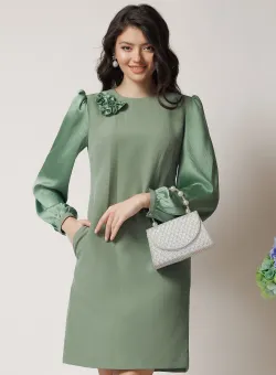 Rochie DY Fashion eleganta din stofa verde fistic cu maneci din voal si flori pe bust