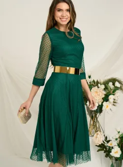 Rochie DY Fashion eleganta din tull cu buline catifelate verde