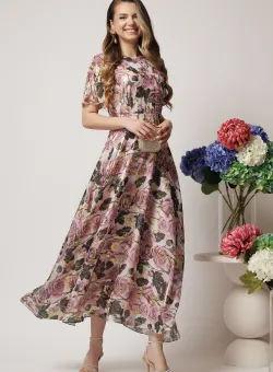 Rochie DY Fashion eleganta din voal bej cu imprimeuri florale roz si fir lurex
