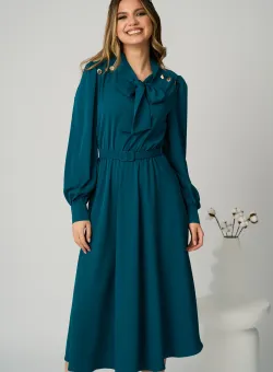 Rochie DY Fashion eleganta din voal turcoaz cu nasturi pe umeri si curea in talie