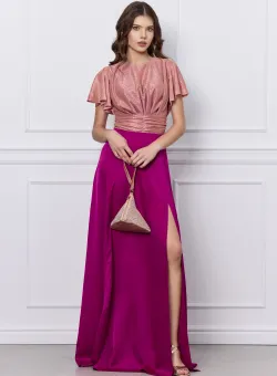 Rochie DY Fashion fucsia lunga cu bust din fir lurex si crepeu maxi