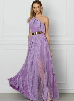 Rochie DY Fashion lila lunga din tull cu buline catifelate si curea in talie