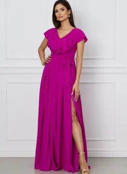 Rochie Dy Fashion magenta lunga cu volan la bust si cordon in talie