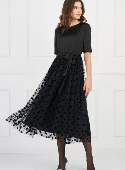 Rochie DY Fashion neagra cu fusta din tull cu buline catifelate