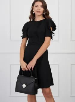 Rochie DY Fashion neagra cu pliuri pe bust si volane pe maneci
