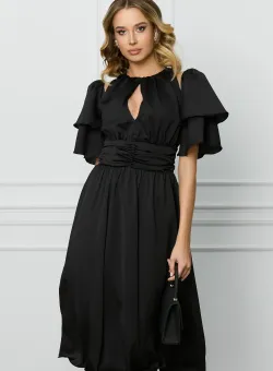 Rochie DY Fashion neagra cu volane la maneci si decupaj la decolteu