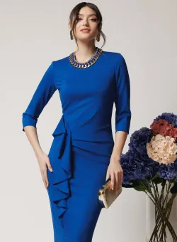 Rochie DY Fashion office din jerse albastra cu volan pe fusta
