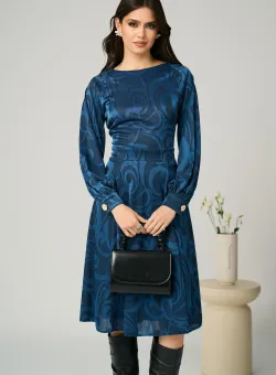 Rochie DY Fashion office din jerse bleumarin cu imprimeu turcoaz
