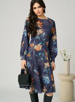 Rochie DY Fashion office din jerse bleumarin cu imprimeuri florale