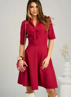 Rochie DY Fashion office din stofa magenta cu funda la bust