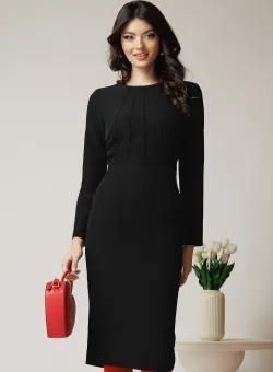 Rochie DY Fashion office din stofa neagra cu detalii cusute pe bust